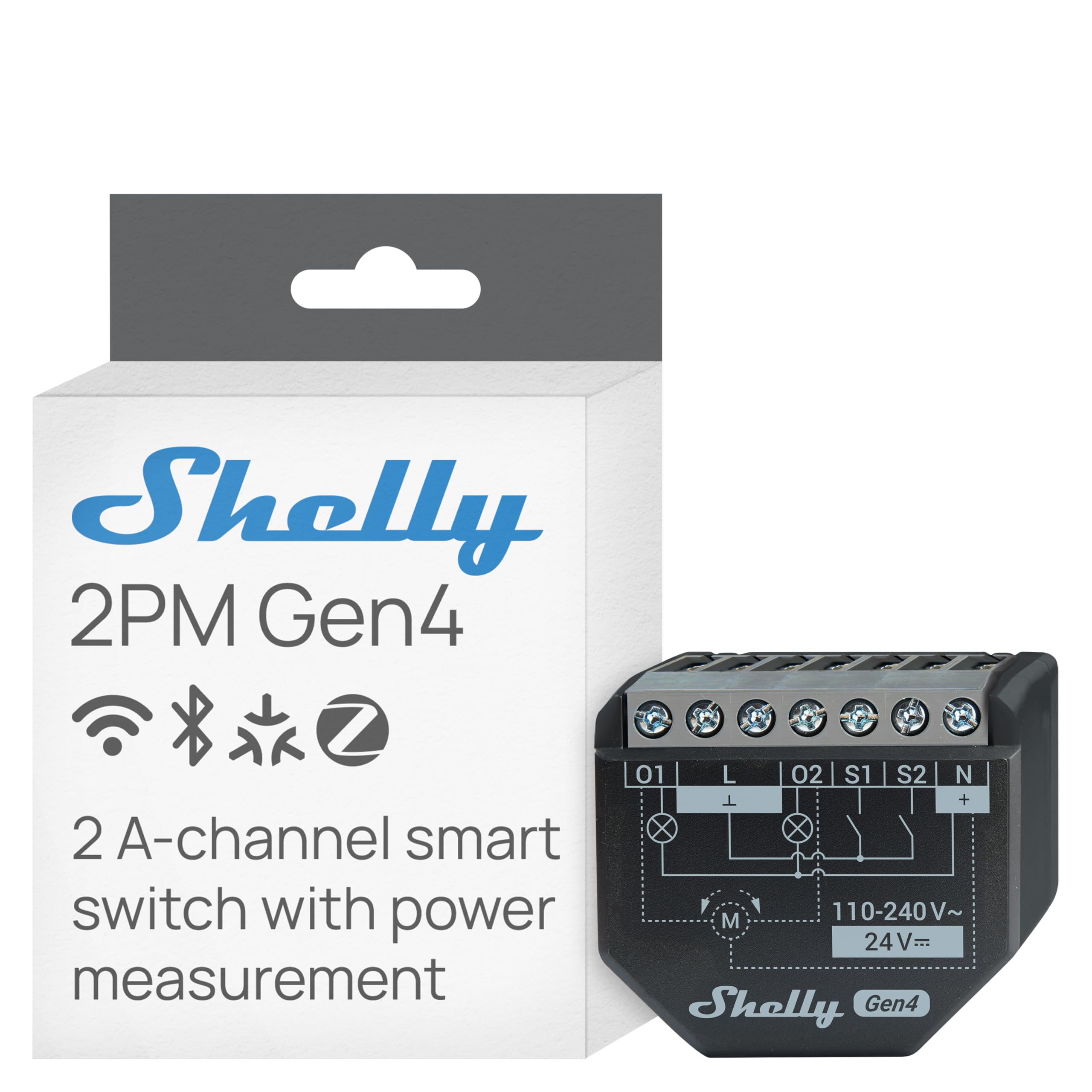 Shelly 2PM Gen4 wall-mounted relay powering two lights with independent energy monitoring.