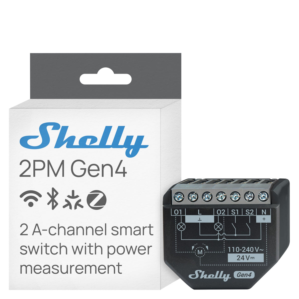 Shelly 2PM Gen4 wall-mounted relay powering two lights with independent energy monitoring.