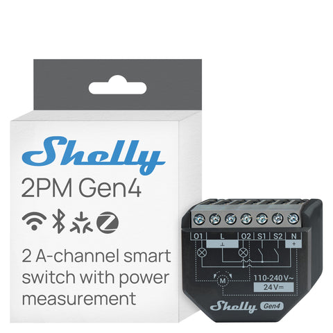 Shelly 2PM Gen4 wall-mounted relay powering two lights with independent energy monitoring.