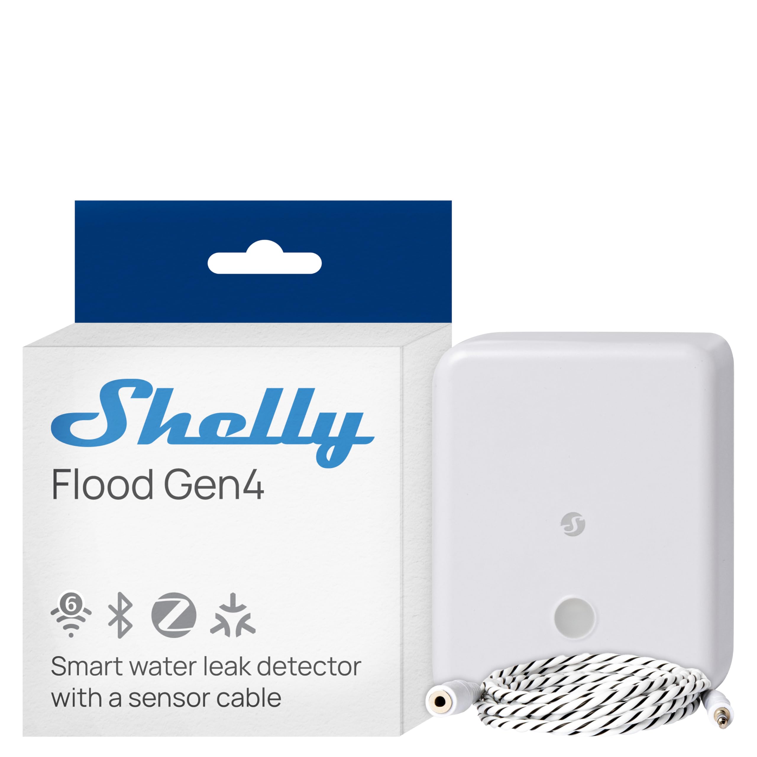 Shelly Flood Gen4 leak sensor cable extended for wide-area leak detection.