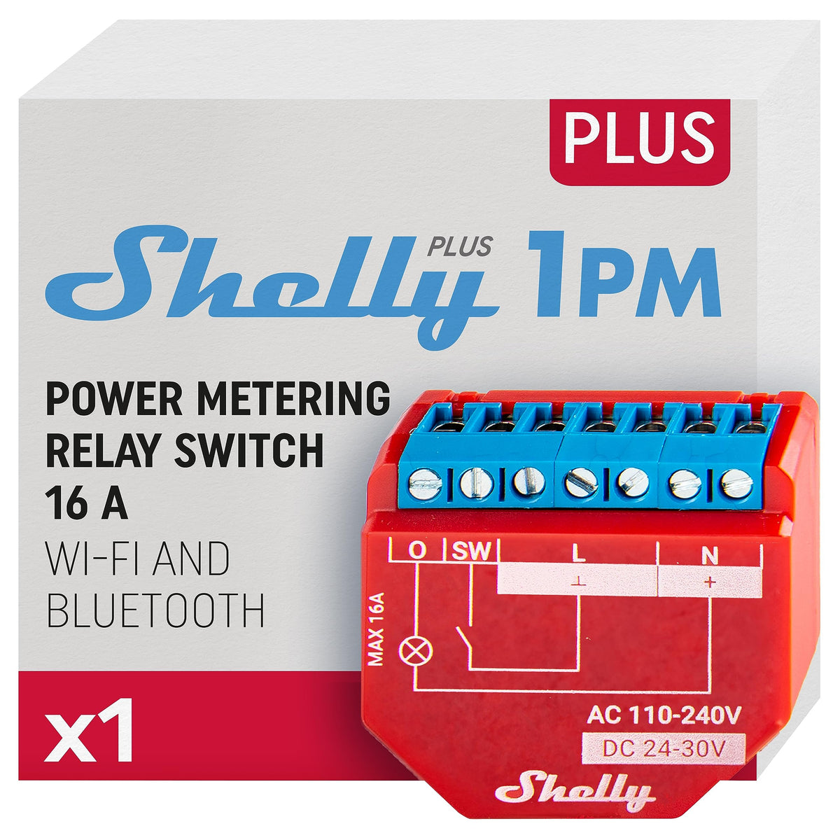 Shelly Plus 1PM wireless relay switch for remote lighting control and energy metering