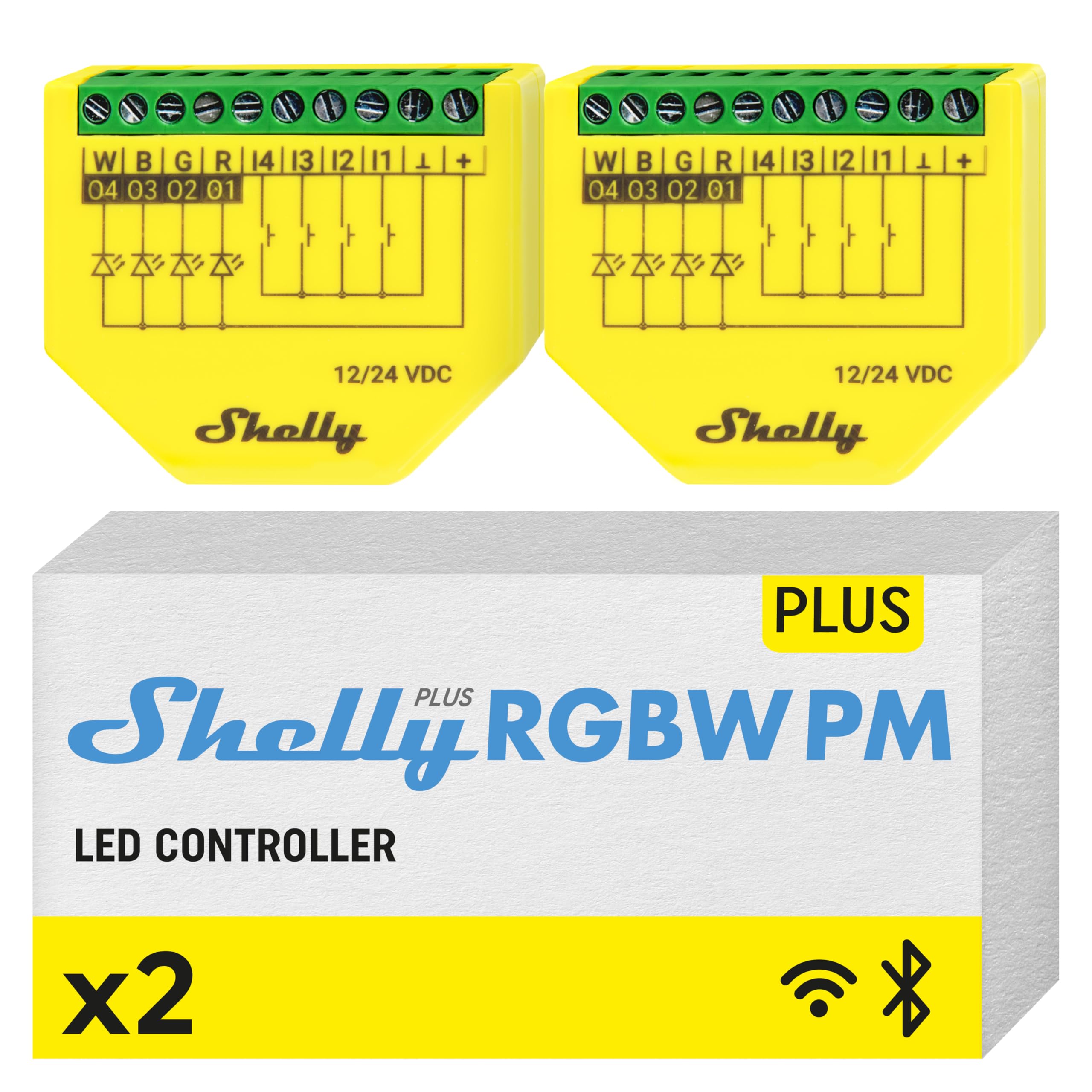 Shelly Plus RGBW PM controller front view for compact LED strip control