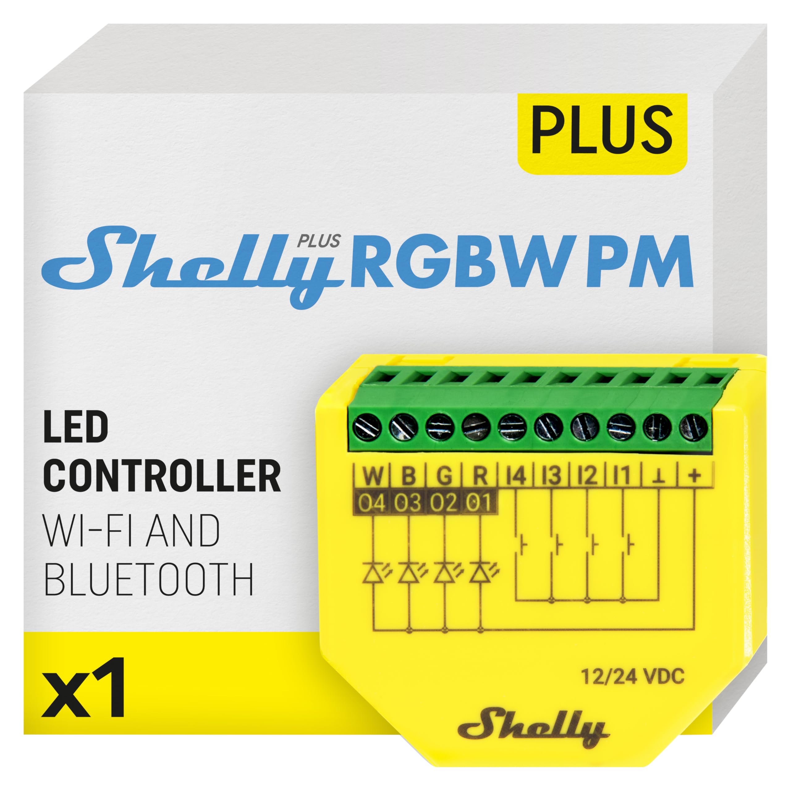 Shelly Plus RGBW PM front view, compact Wi-Fi controller for RGBW LEDs.