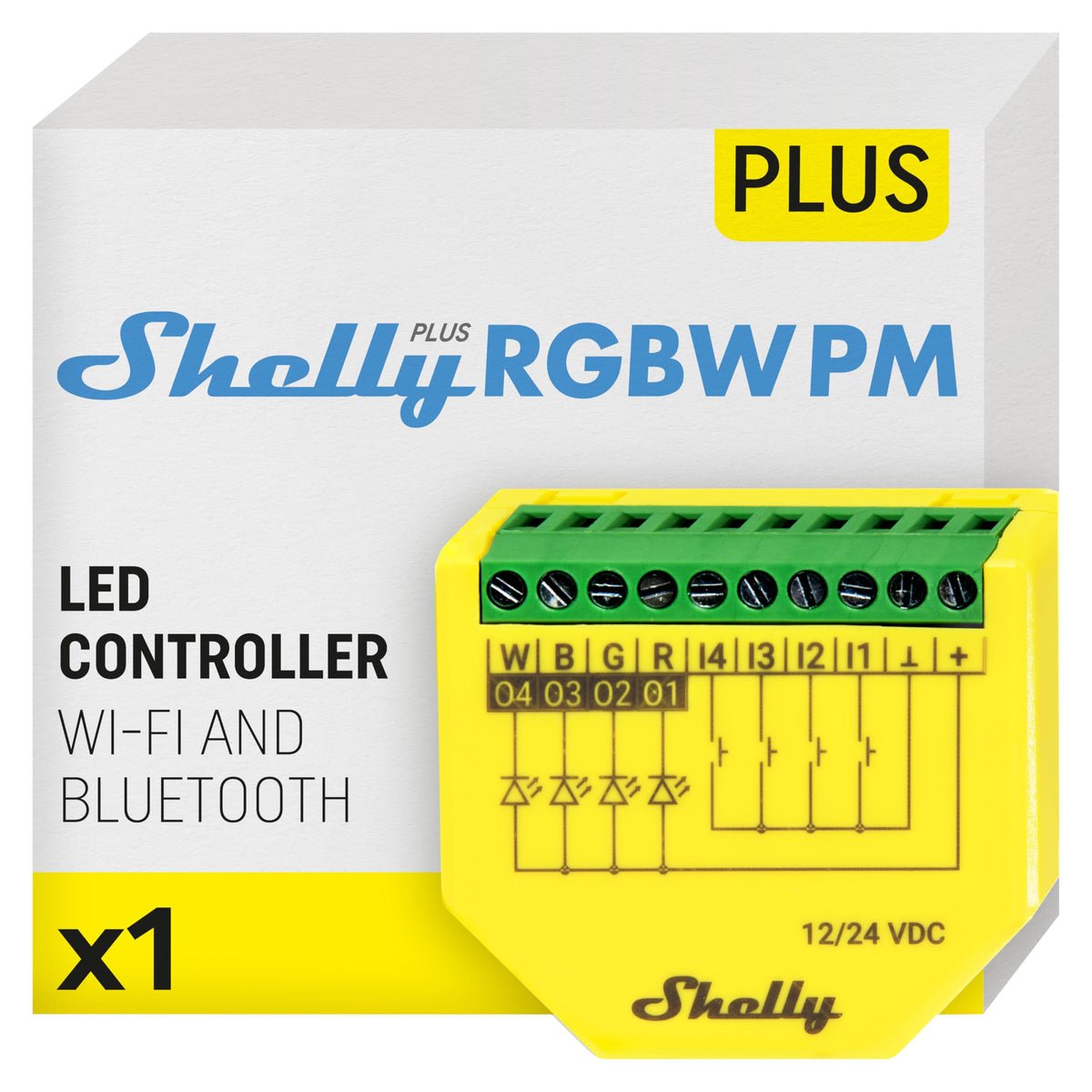 Shelly Plus RGBW PM front view, compact Wi-Fi controller for RGBW LEDs.