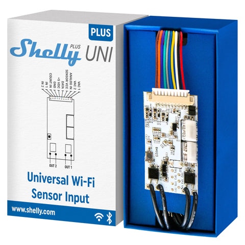 Shelly Plus Uni Wi-Fi/Bluetooth module for smart low-voltage control.