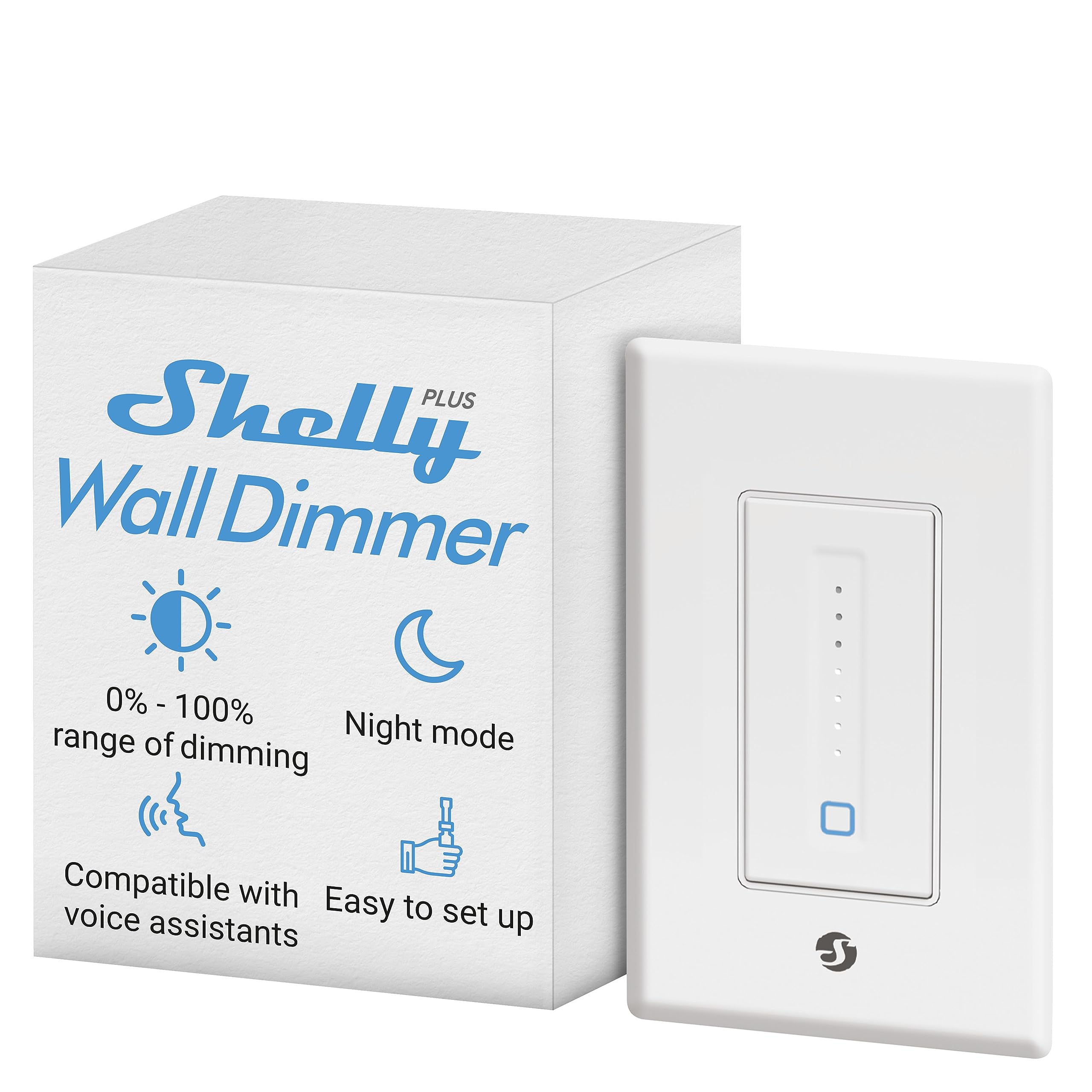 Shelly Plus Wall Dimmer front view with sleek, compact design for discreet installation