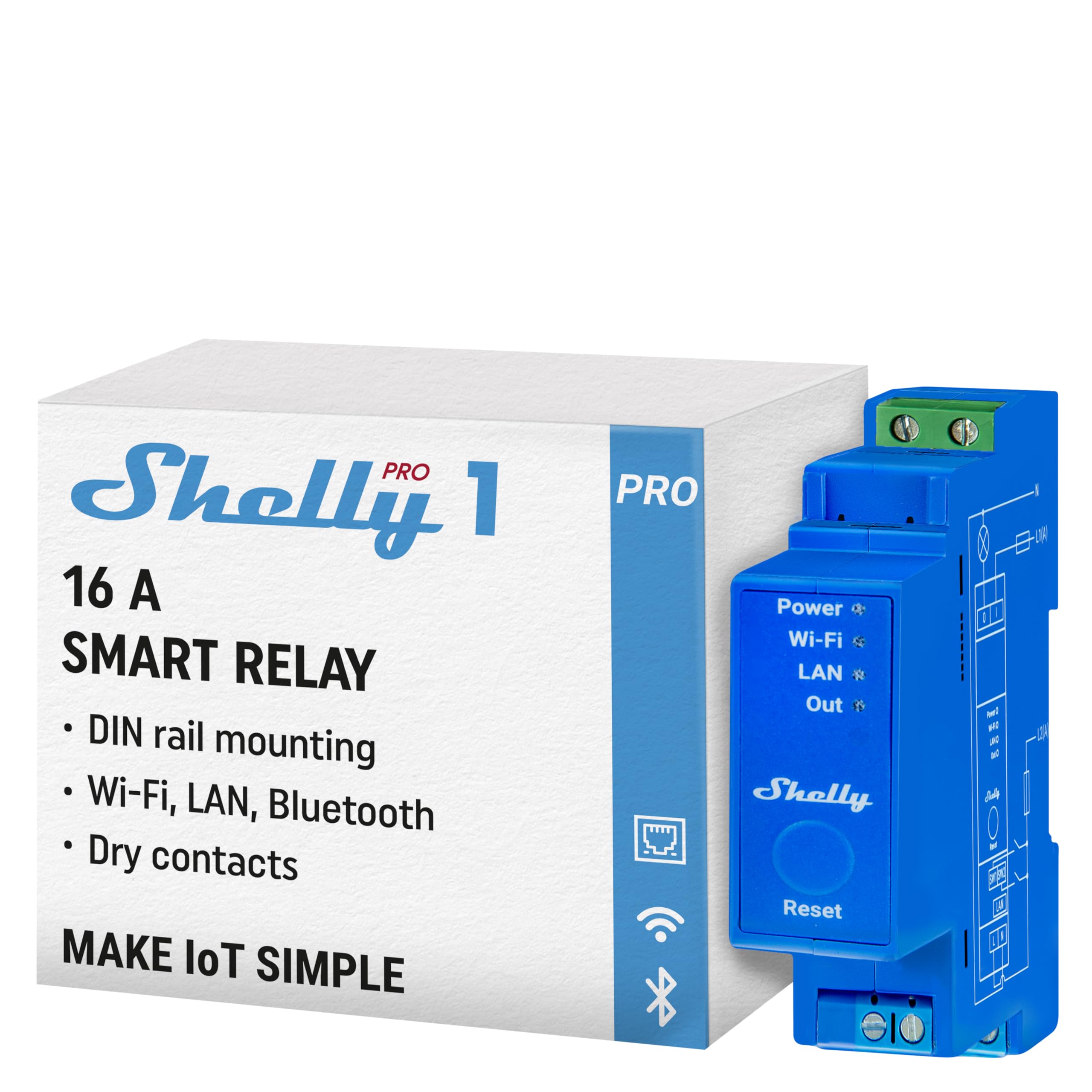 Shelly Pro 1 on a DIN rail ready for automatic lighting control.