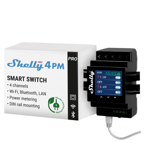 Shelly Pro 4PM in a DIN rail installation for compact smart automation.