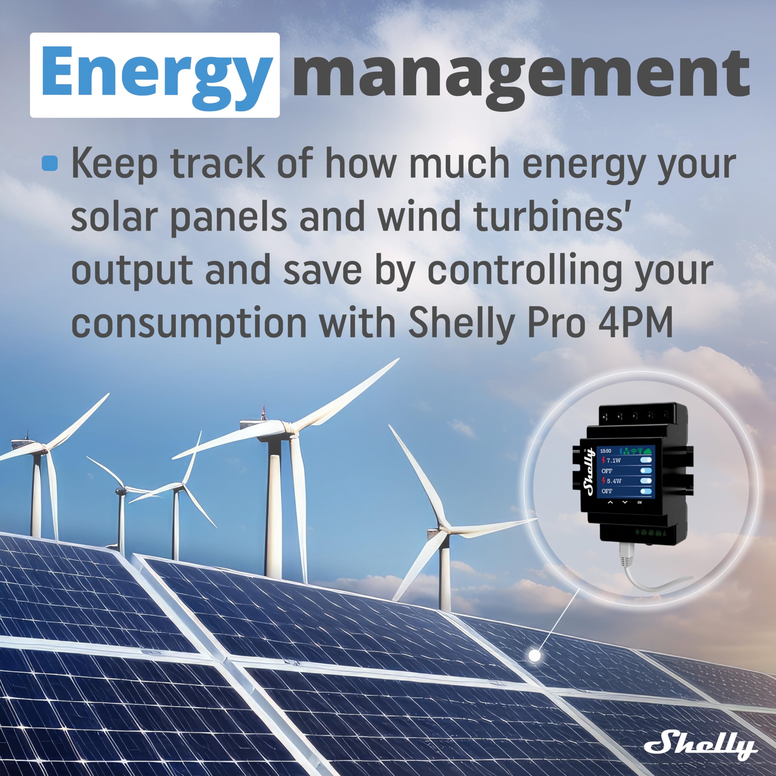 Shelly Pro 4PM per-channel power meter shows real-time energy use.