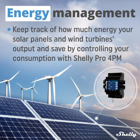 Shelly Pro 4PM per-channel power meter shows real-time energy use.