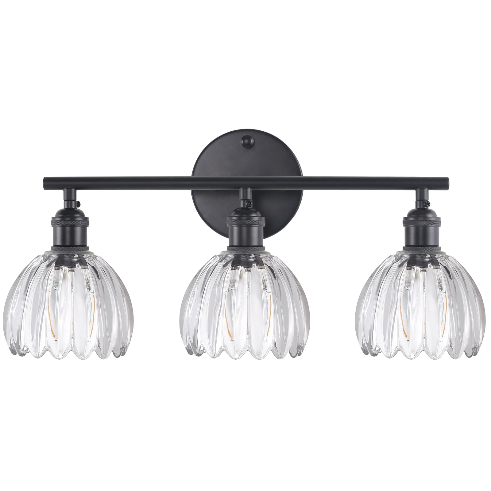 Shenmoyl 3-light black vanity wall light with a clear tulip shade.