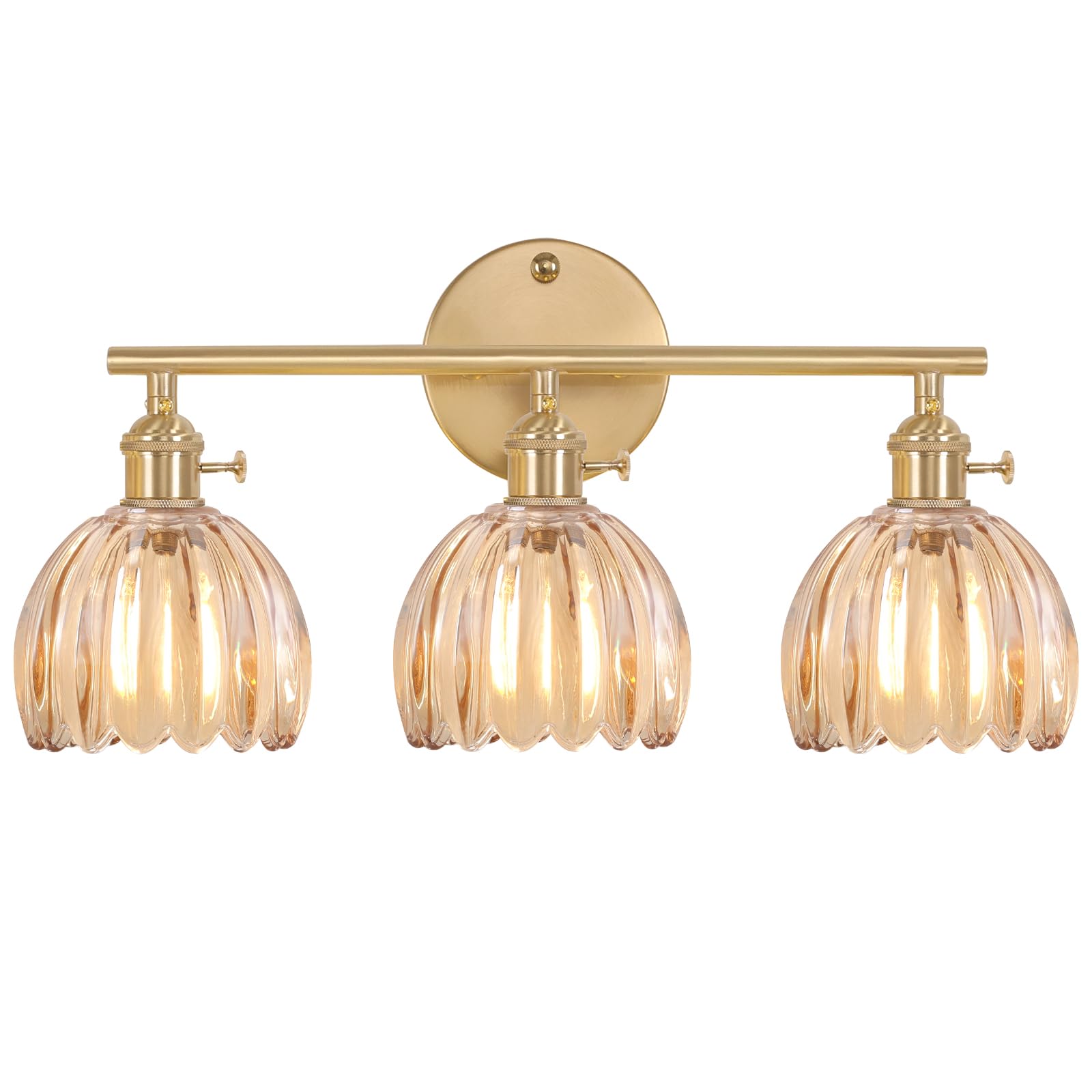 Shenmoyl 3-light brass vanity light with amber tulip shade over mirror for warm bathroom glow