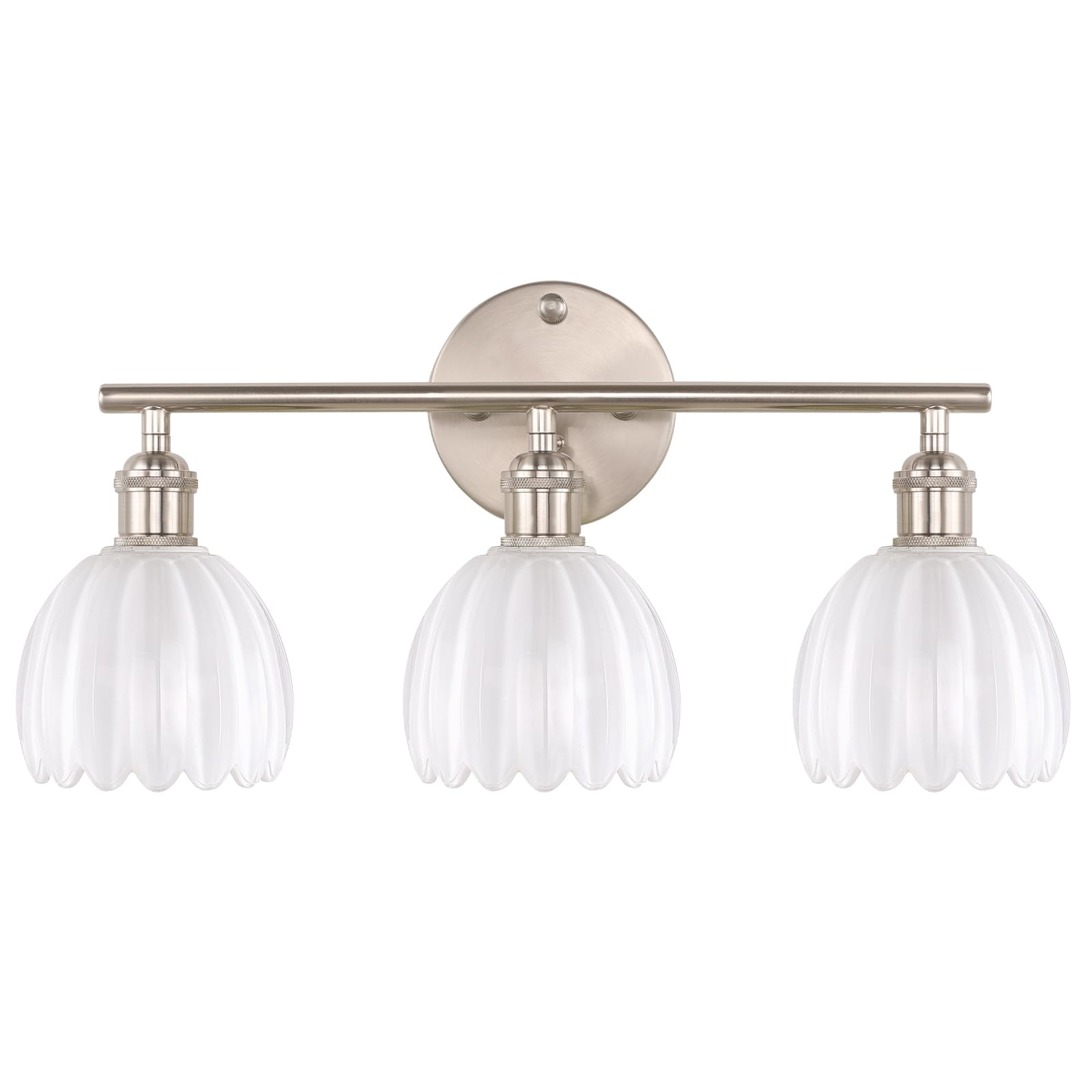 Shenmoyl 3-light vanity wall light in satin nickel over mirror, ideal for bathrooms.