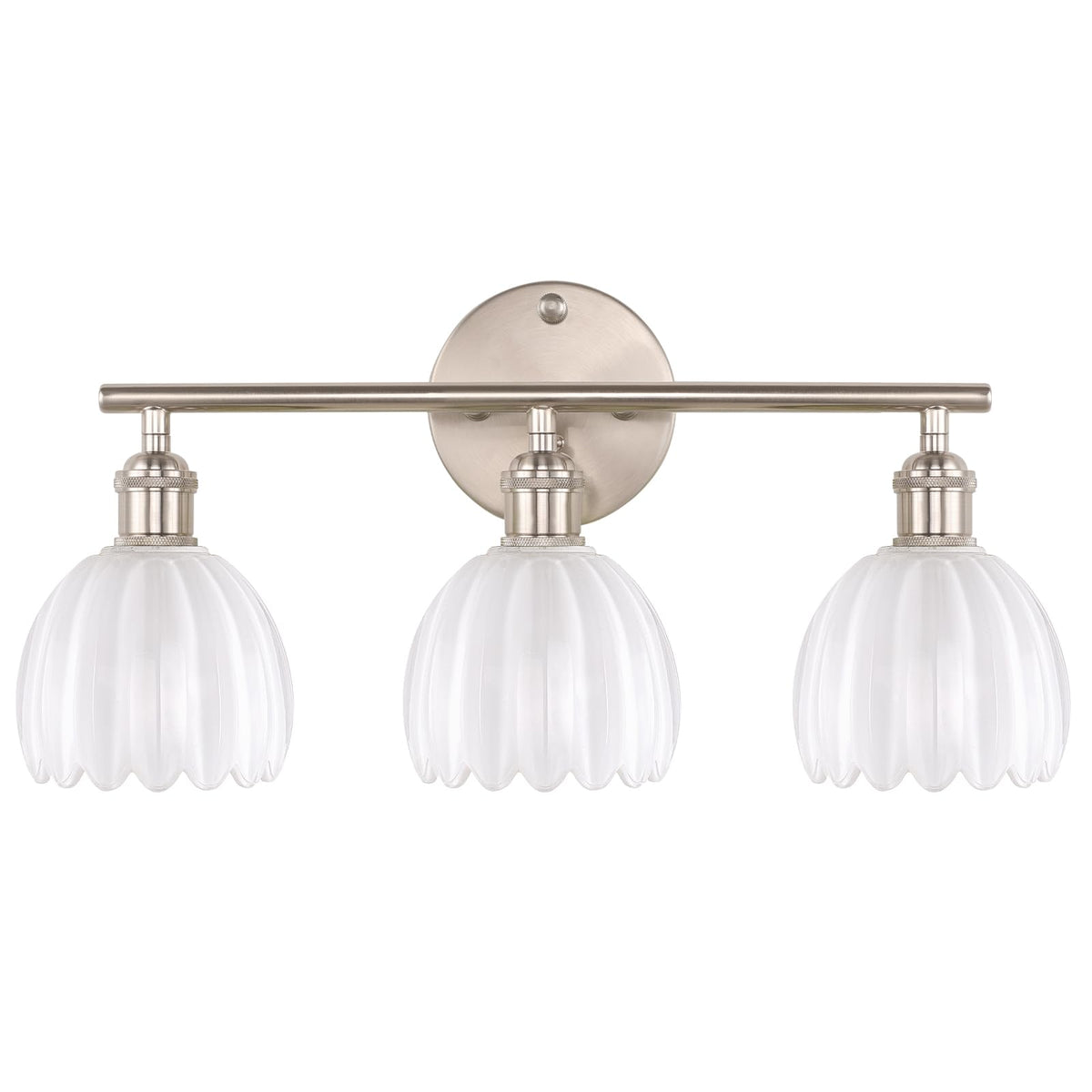 Shenmoyl 3-light vanity wall light in satin nickel over mirror, ideal for bathrooms.