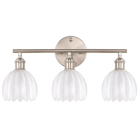 Shenmoyl 3-light vanity wall light in satin nickel over mirror, ideal for bathrooms.
