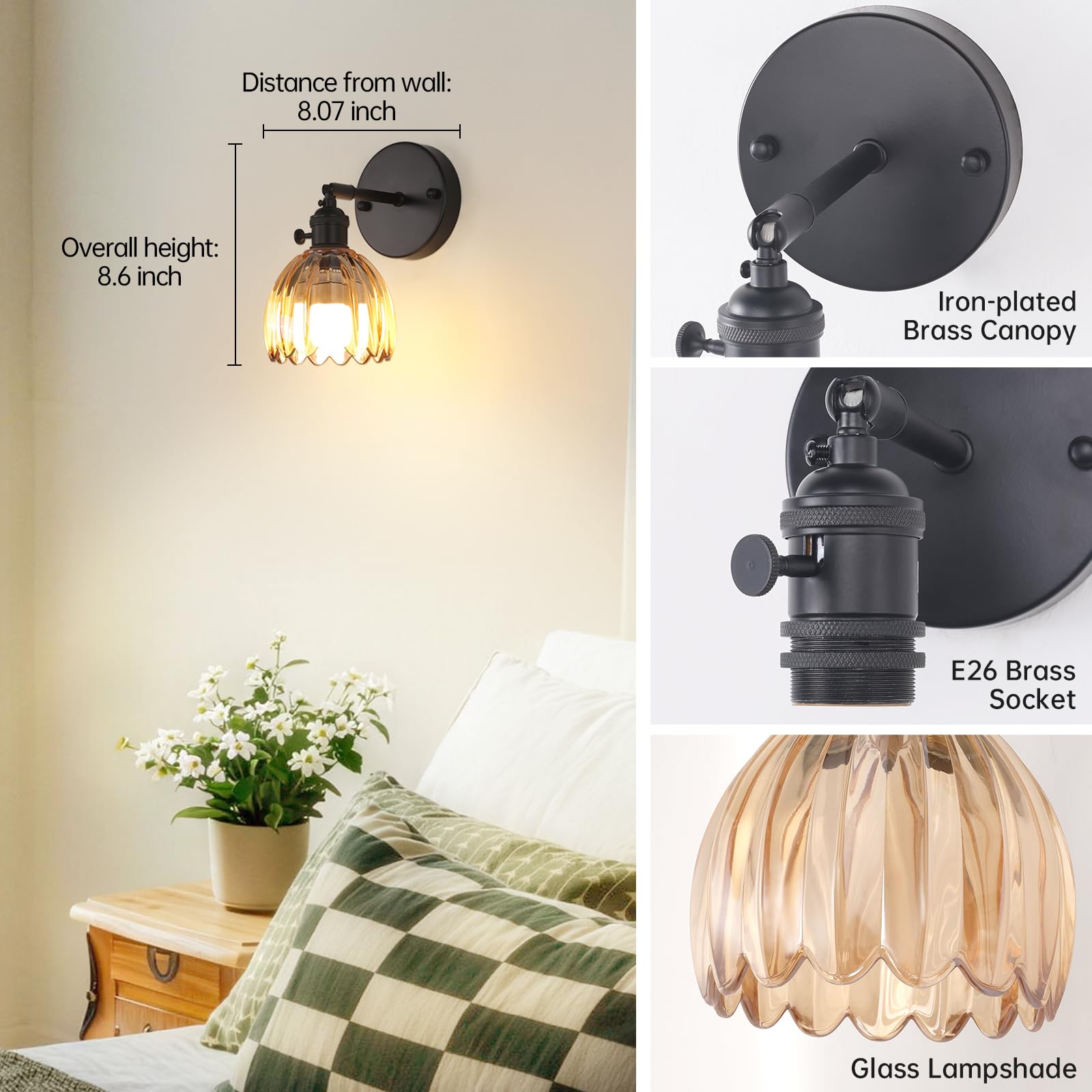 Shenmoyl battery powered lamp with amber glass shade and cozy glow.