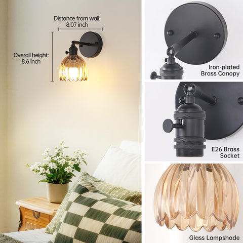 Shenmoyl battery powered lamp with amber glass shade and cozy glow.