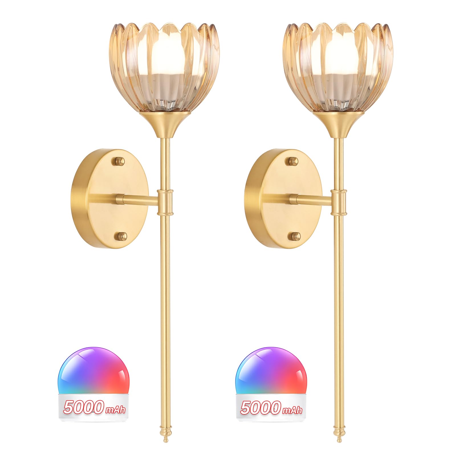 Shenmoyl battery wall sconce with amber tulip shade for warm ambient lighting.
