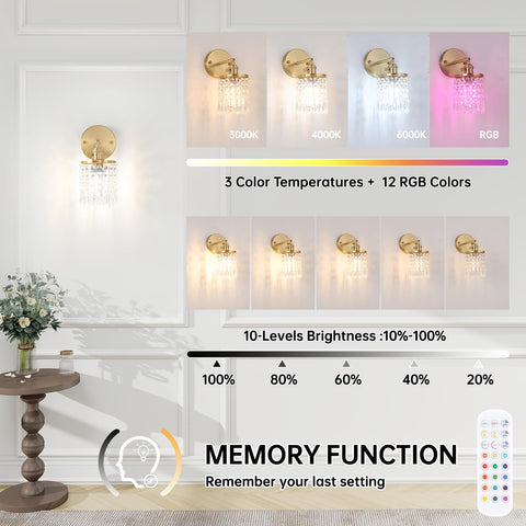 Shenmoyl crystal sconce with remote control for easy brightness and color adjustments.