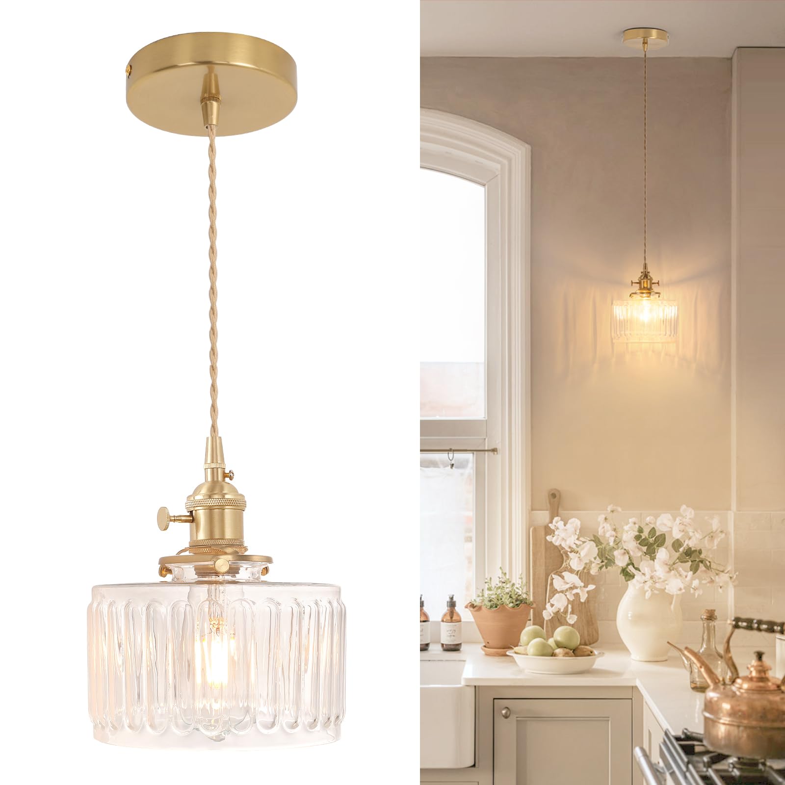Shenmoyl pendant light with clear striped glass shade for warm kitchen lighting.