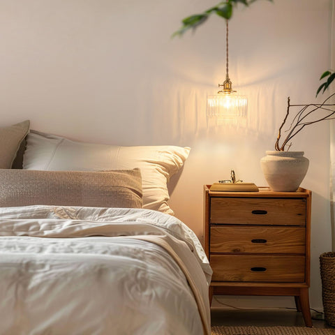 Shenmoyl pendant light rubber-coated cord and fabric wrap ensure safety.