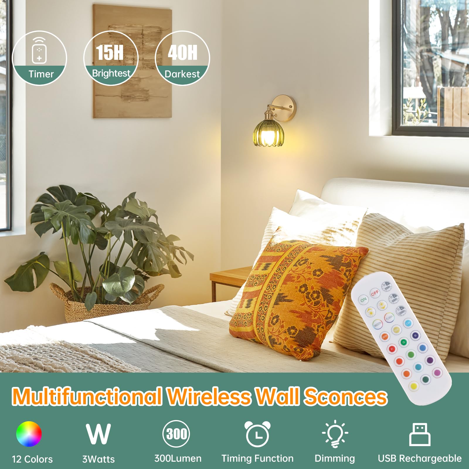 Shenmoyl remote-control wall sconce enables easy light adjustment.