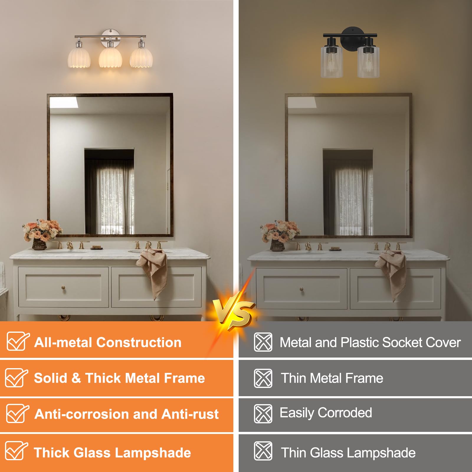 Satin nickel bracket detail highlights durable, rust-resistant finish.