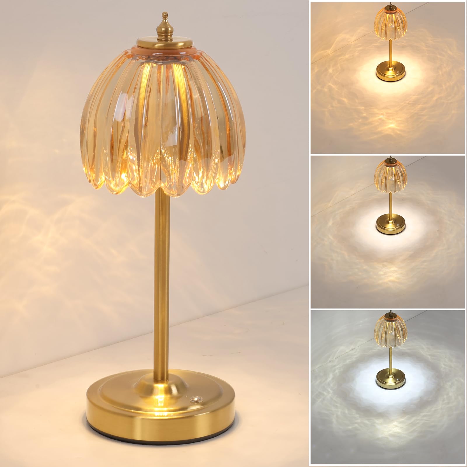 Shenmoyl Tulip Lamp amber shade casting warm glow on a nightstand.