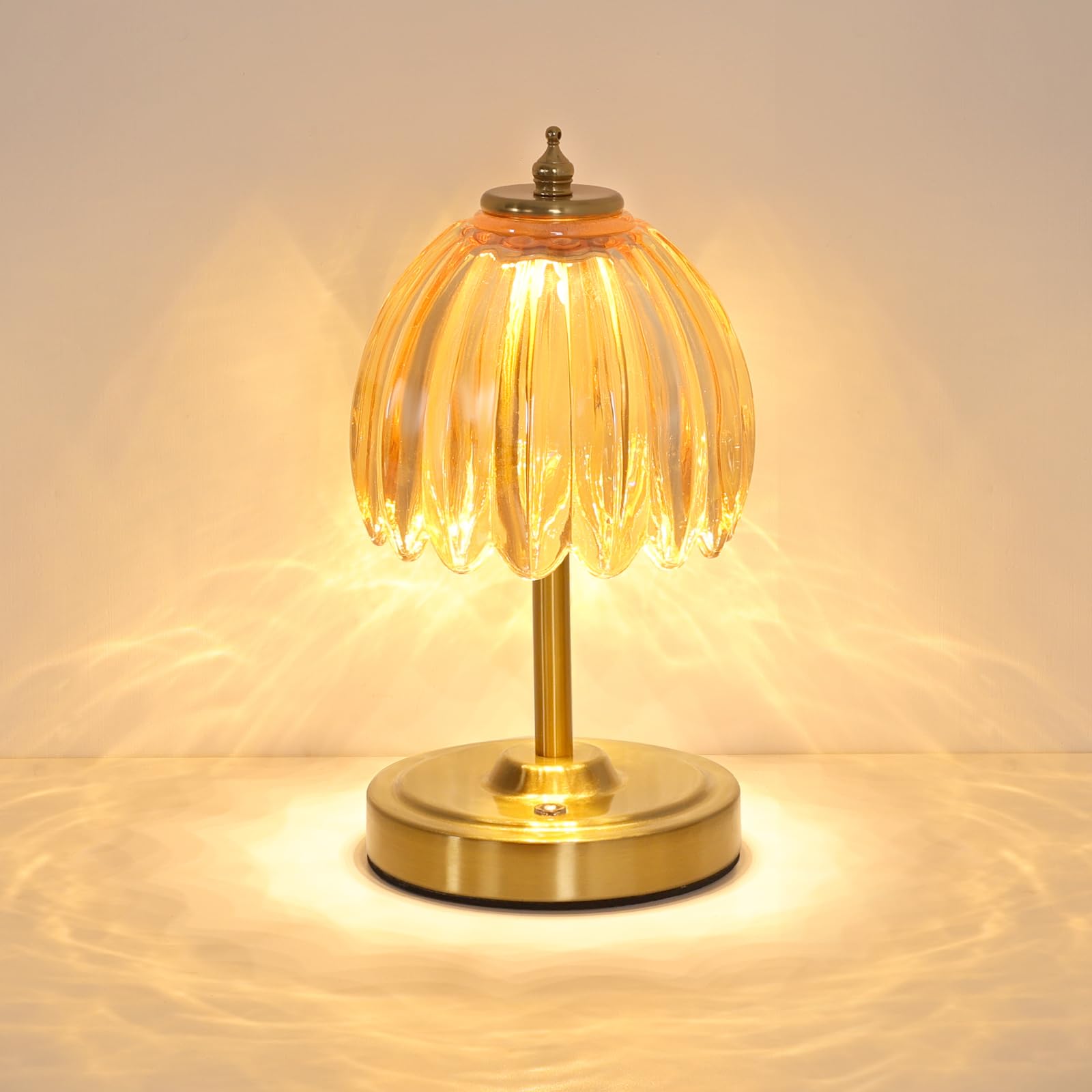 Shenmoyl Tulip Table Lamp with amber shade, front view showing warm glow