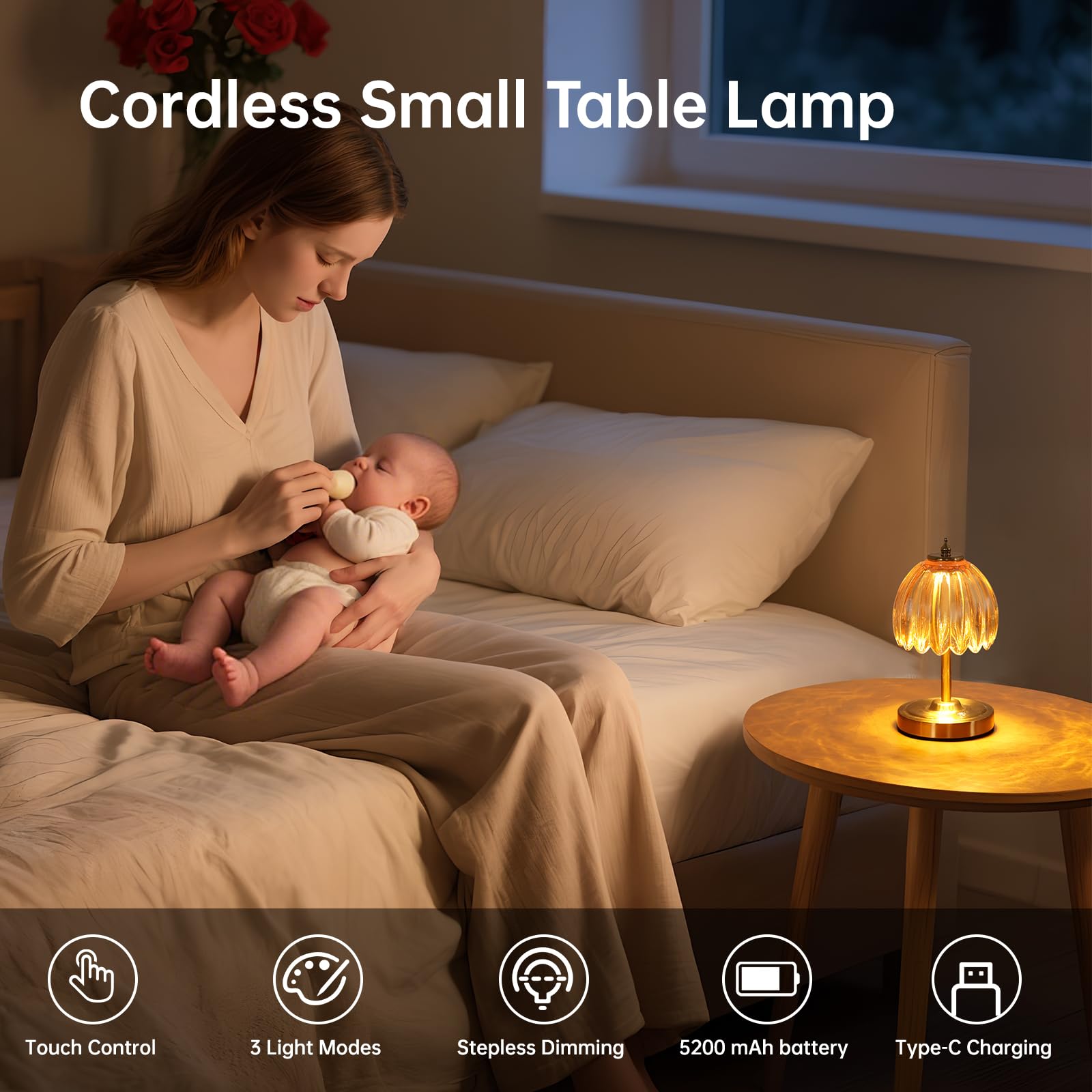Shenmoyl Tulip Table Lamp amber shade side view for compact desk use