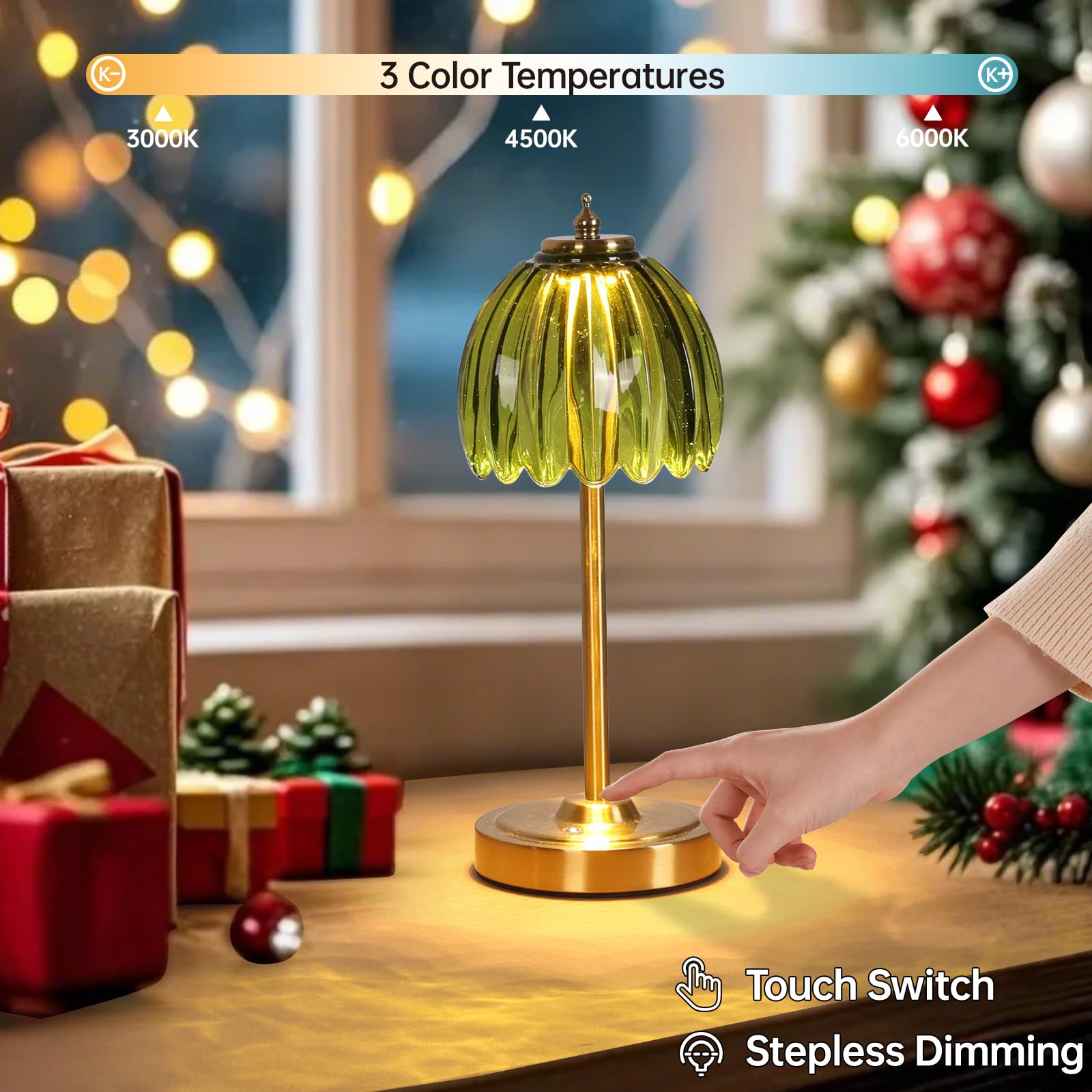 Shenmoyl Tulip table lamp green base closeup, durable brass finish