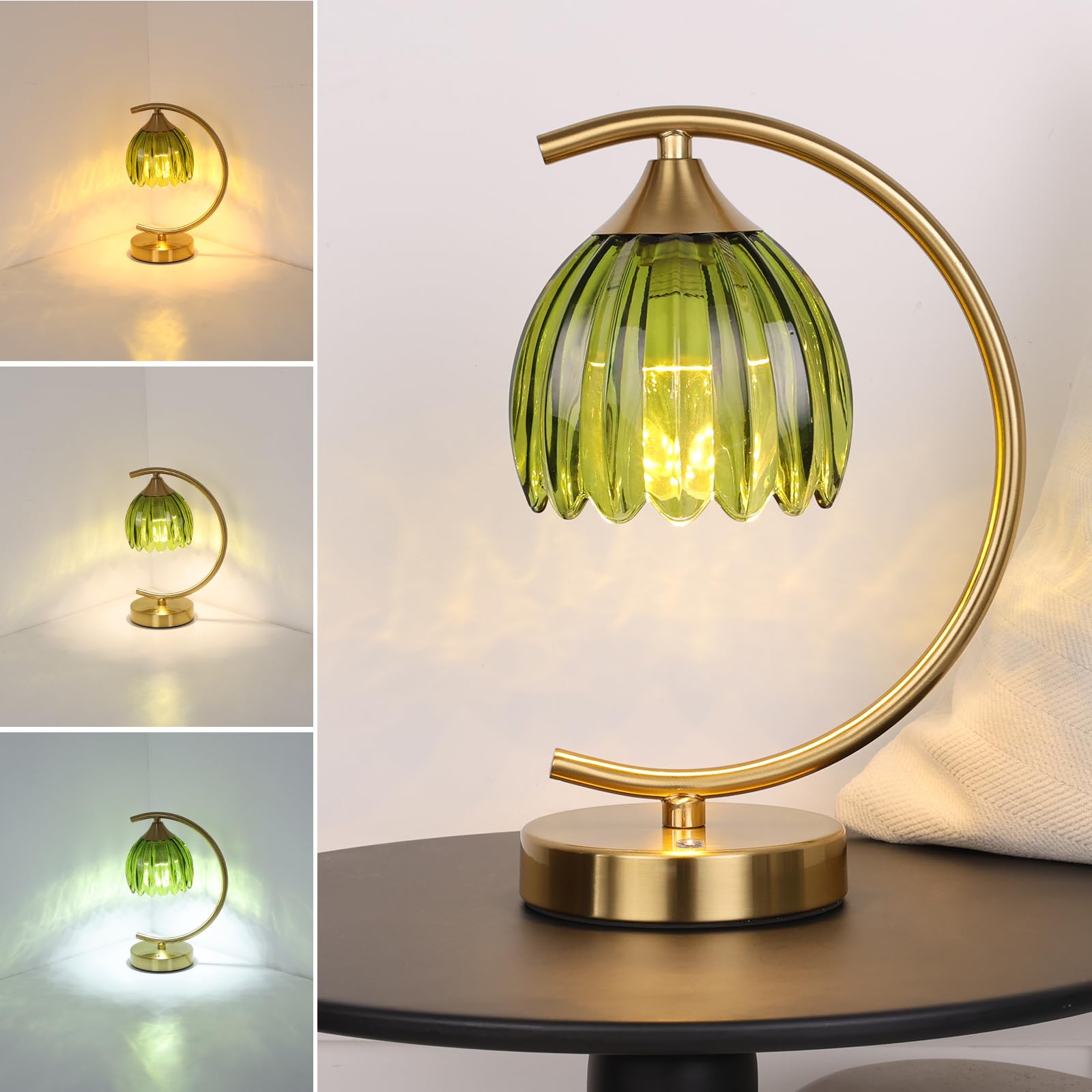 Shenmoyl Tulip table lamp with green glass shade delivers cozy desk illumination.