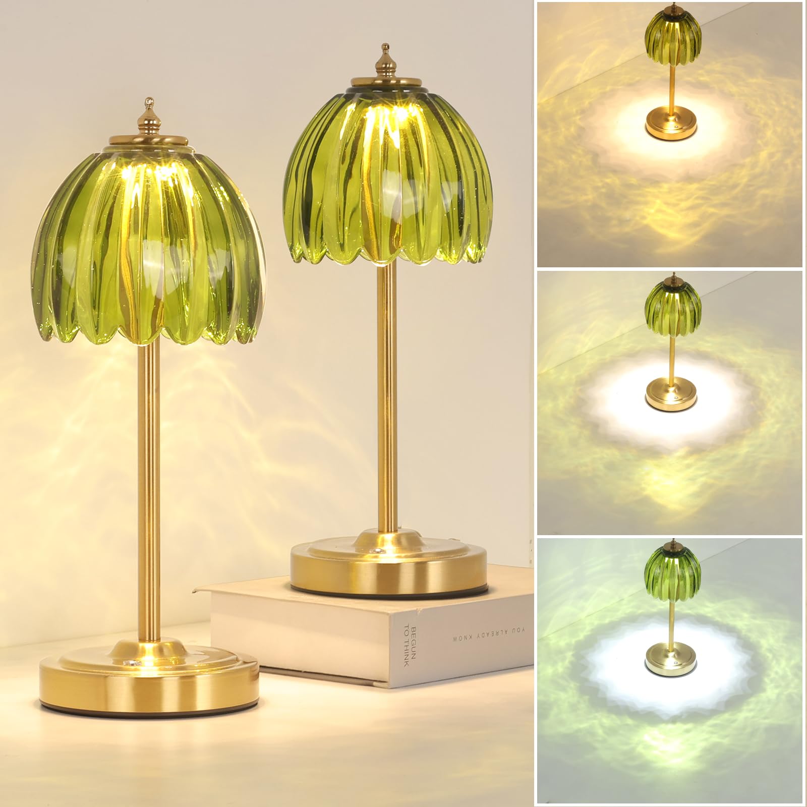 Shenmoyl Tulip table lamp green 2-pack front view, space-saving bedside lighting