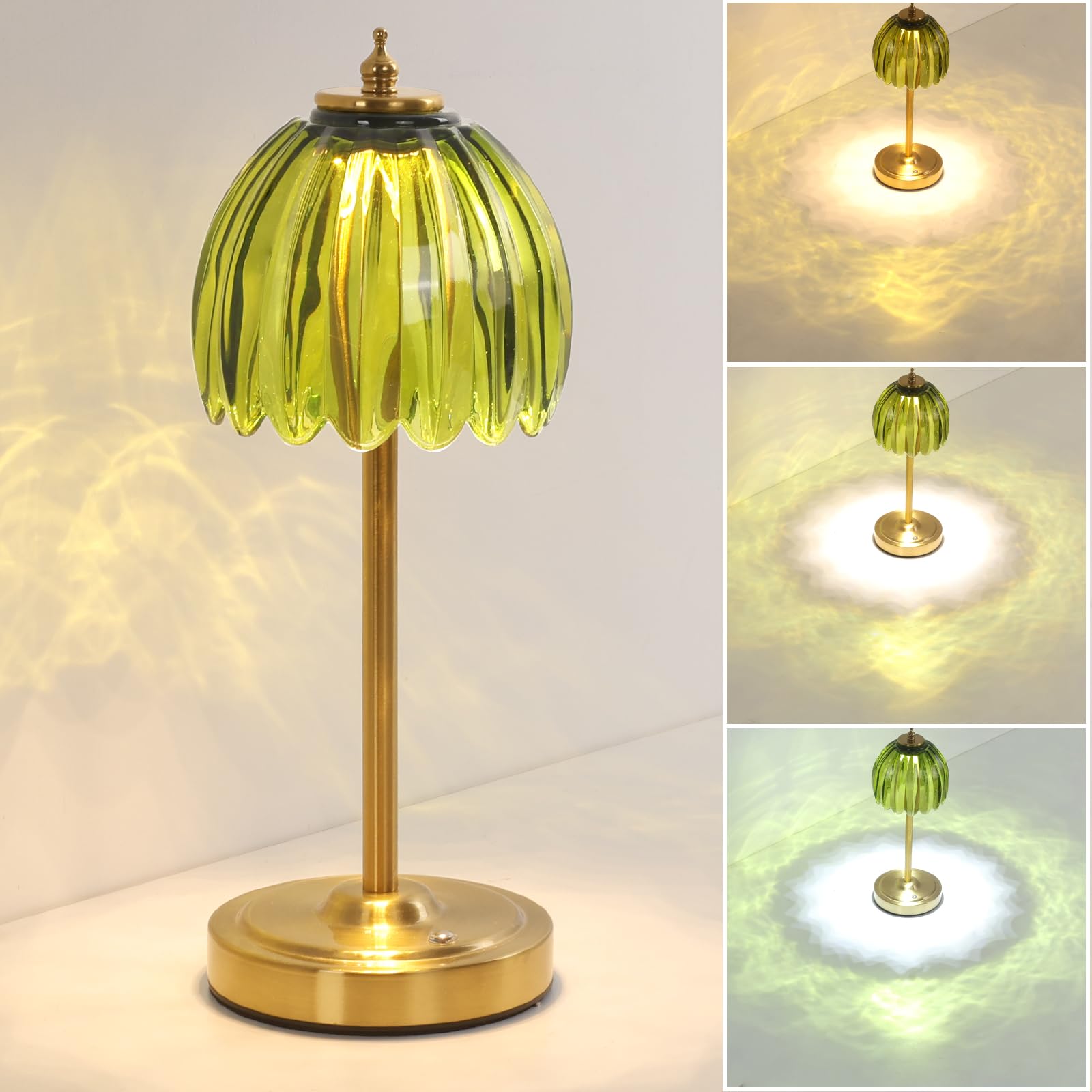 Shenmoyl tulip table lamp with green shade casting soft ambient light.