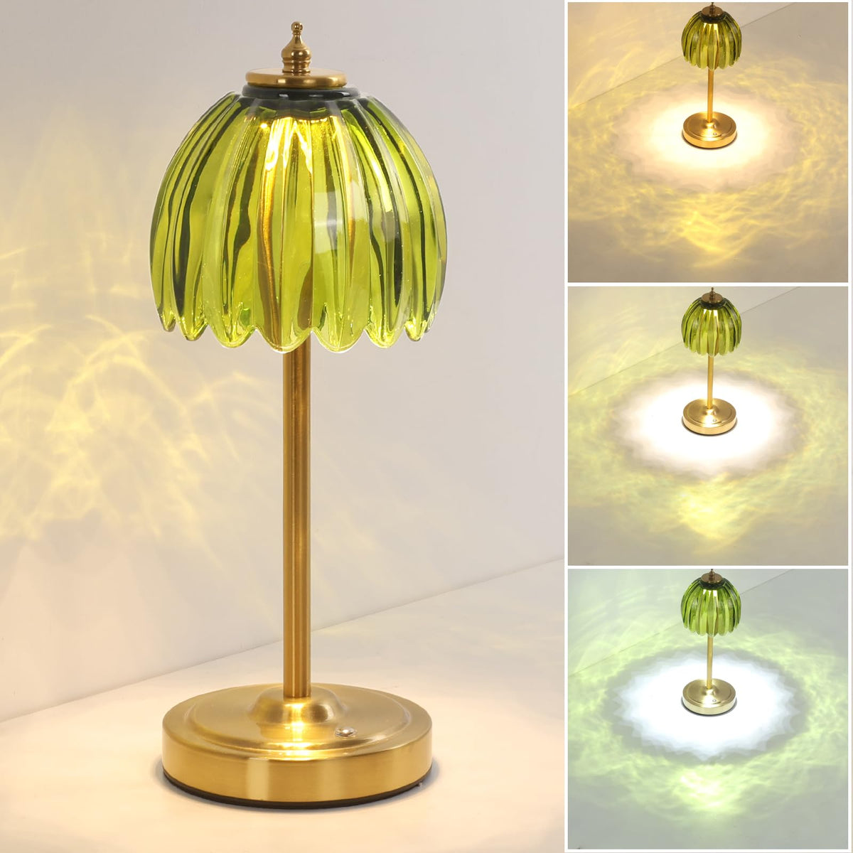 Shenmoyl tulip table lamp with green shade casting soft ambient light.