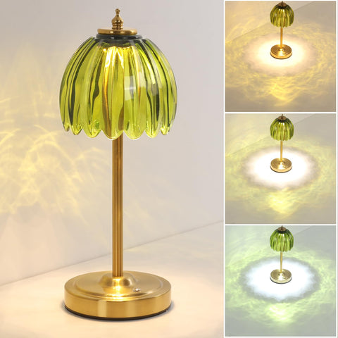 Shenmoyl tulip table lamp with green shade casting soft ambient light.