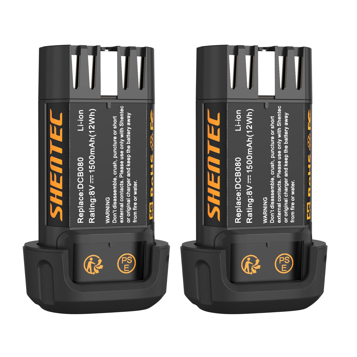 Shentec 8V 1500mAh battery front view showing compact design for Dewalt tools