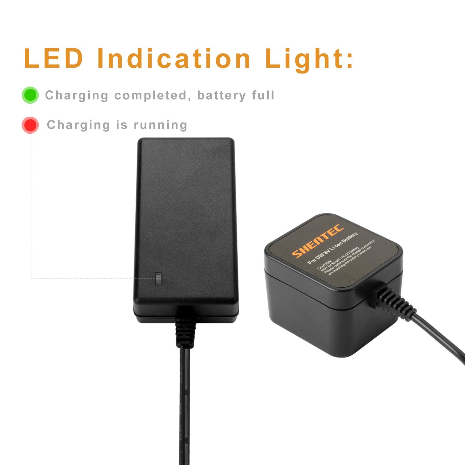 Shentec 8V charger uses 100-240V mains for versatile use.