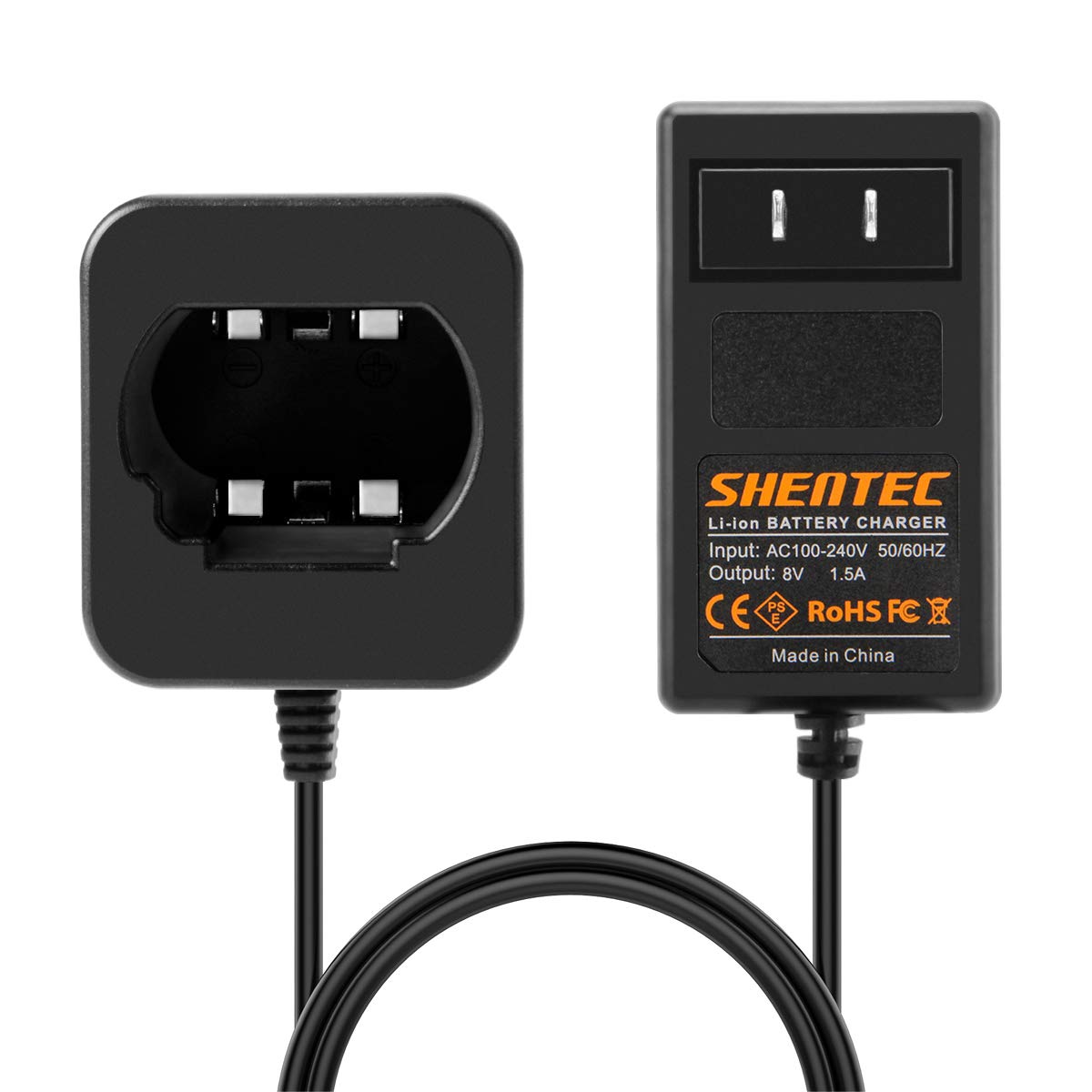 Shentec 8V charger connected to DEWALT DCB080 battery for quick topping up.