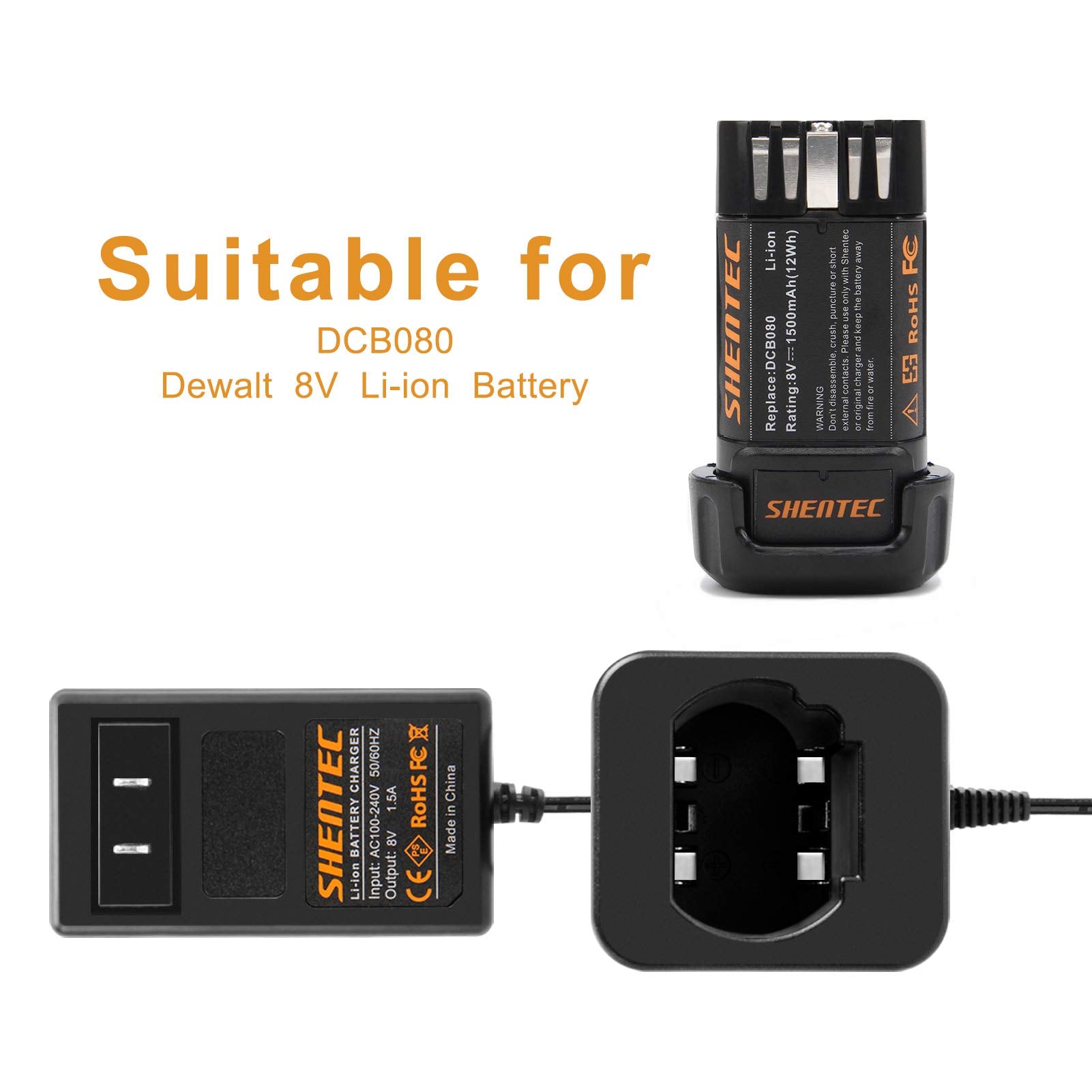 Shentec 8V charger compatible with DW4390 battery for reliable performance.
