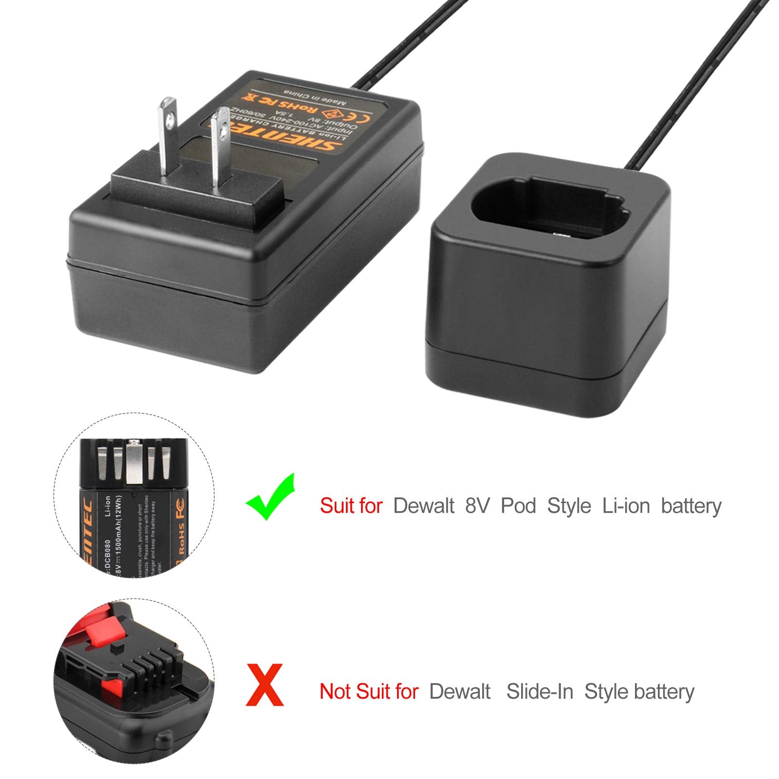 Shentec 8V charger indicator shows charge status at a glance.