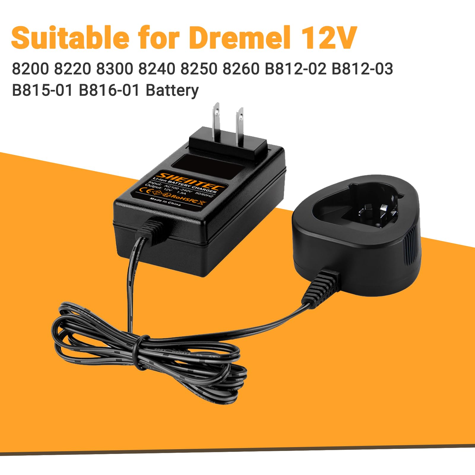 Shentec charger side view showing Dremel 8220 connector compatibility