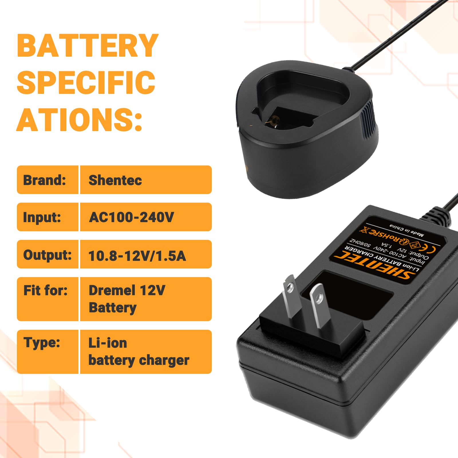 Shentec charger top view delivering 12V output for Dremel 8300 battery