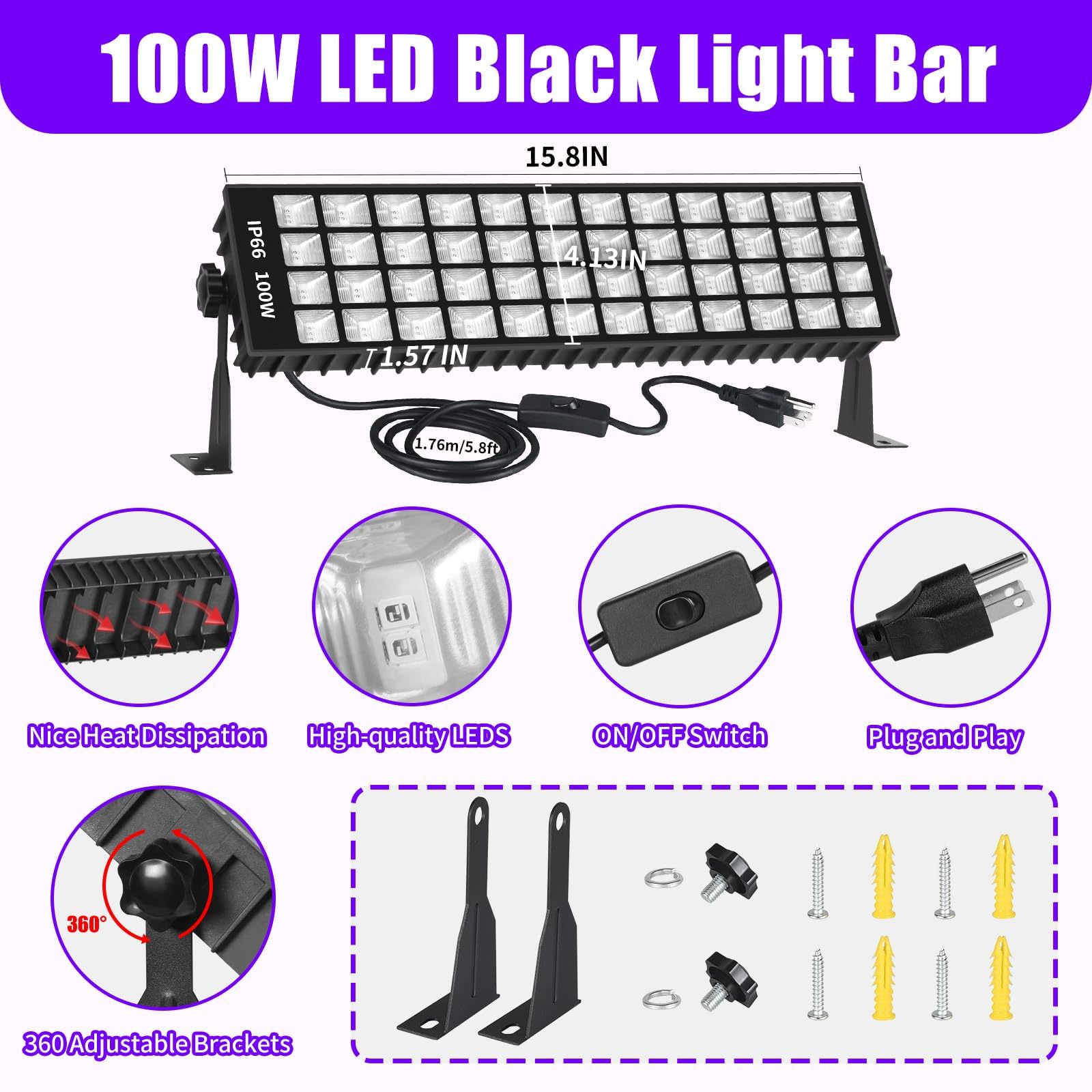 SHGPODA 100W black light bar IP66 weatherproof design for indoor/outdoor use