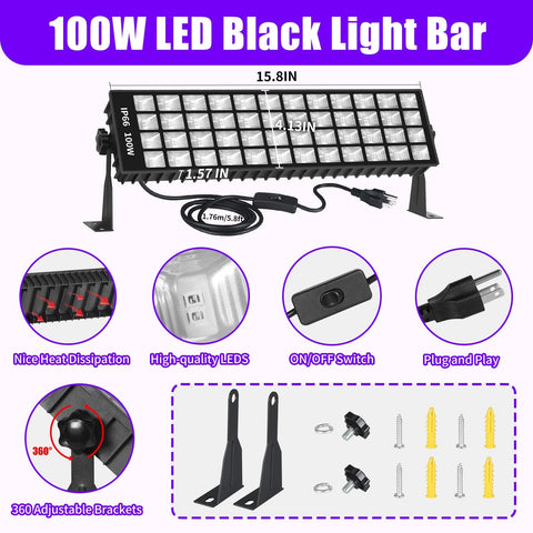 SHGPODA 100W black light bar IP66 weatherproof design for indoor/outdoor use