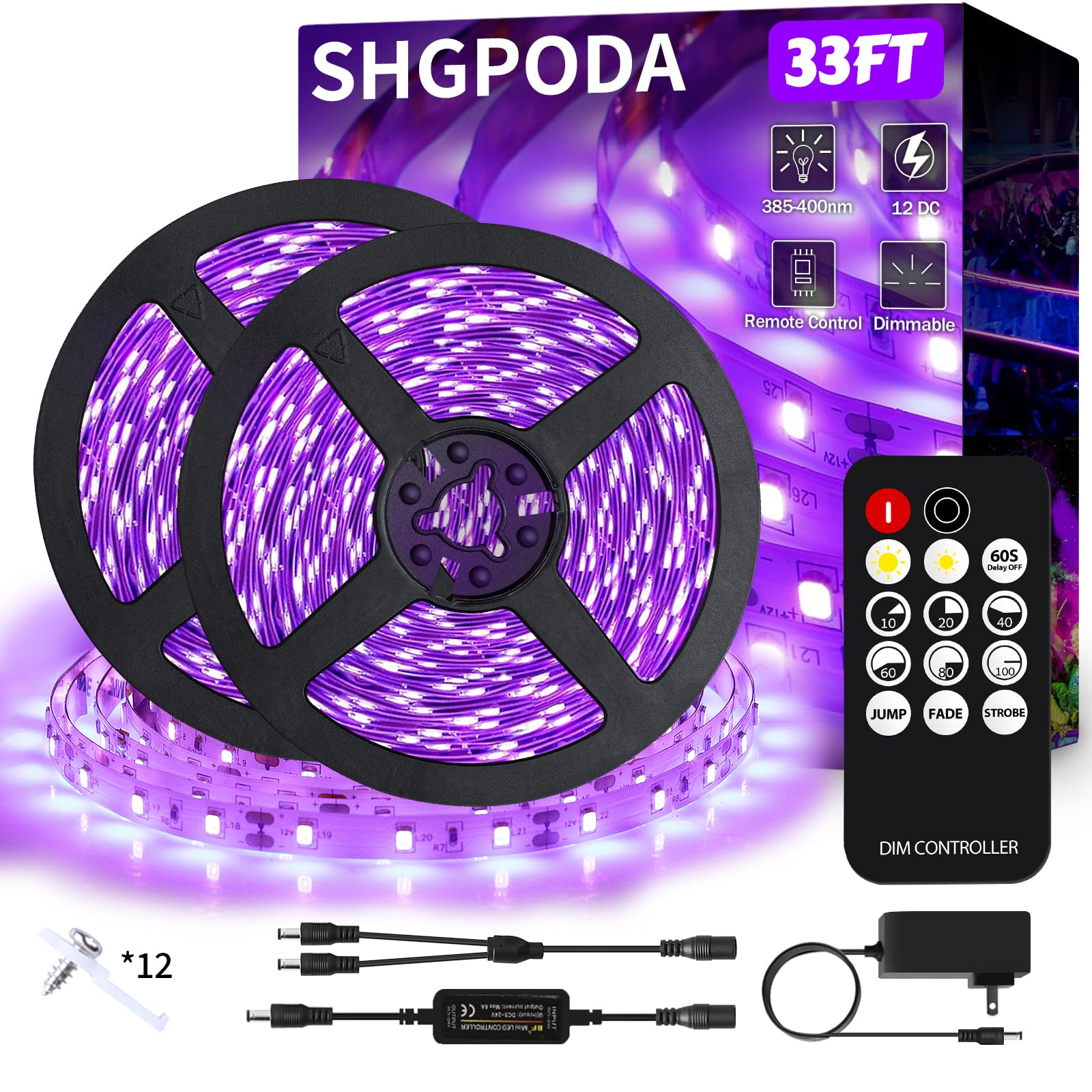 SHGPODA 33ft blacklight strip illuminates posters with vivid fluorescence for parties