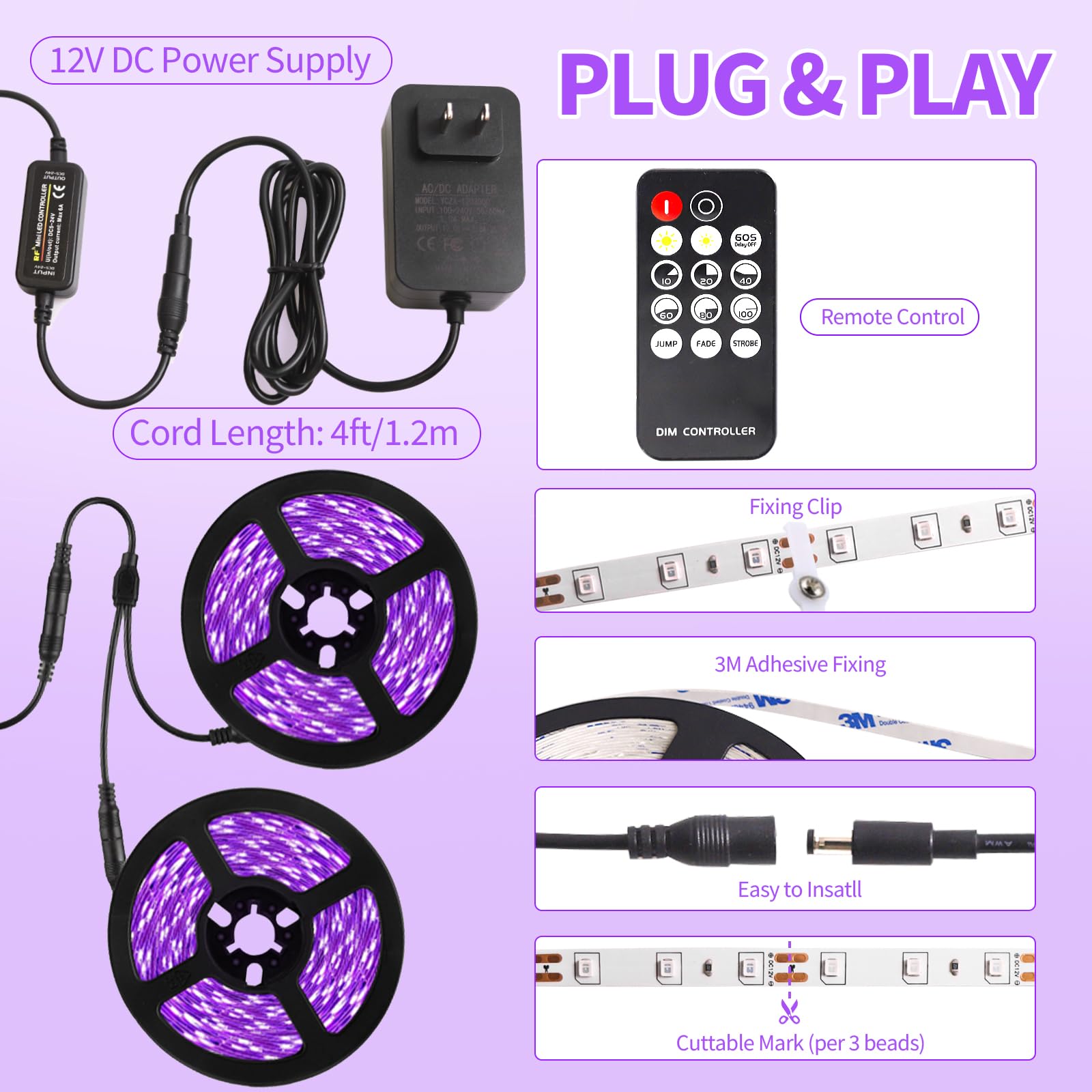 SHGPODA 12V dimmable strip is eye-friendly during long setups.