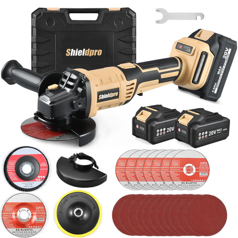 ShieldPro cordless angle grinder with battery enables portable metal cutting and grinding.