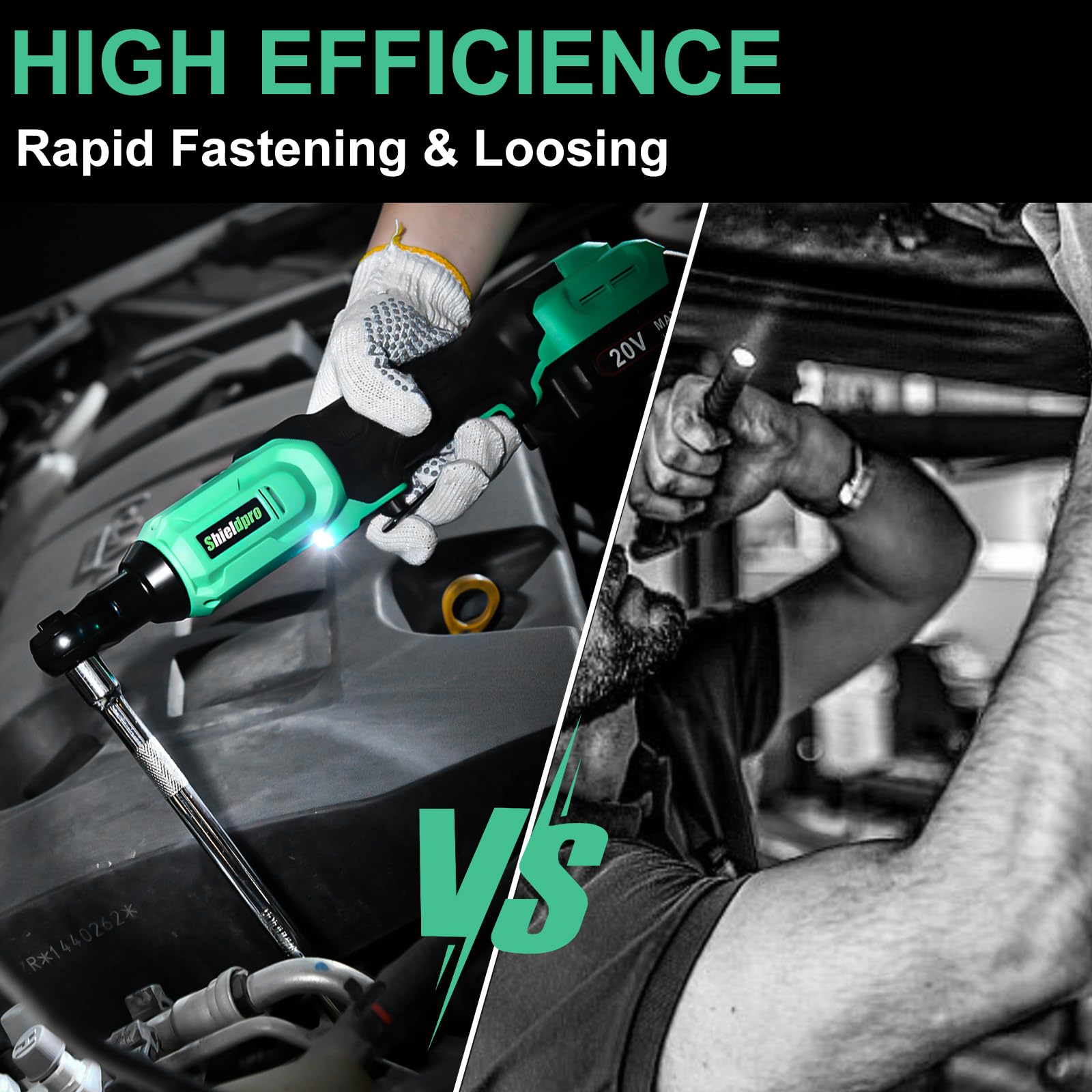 ShieldPro ergonomic grip ratchet used in a low-light workspace.