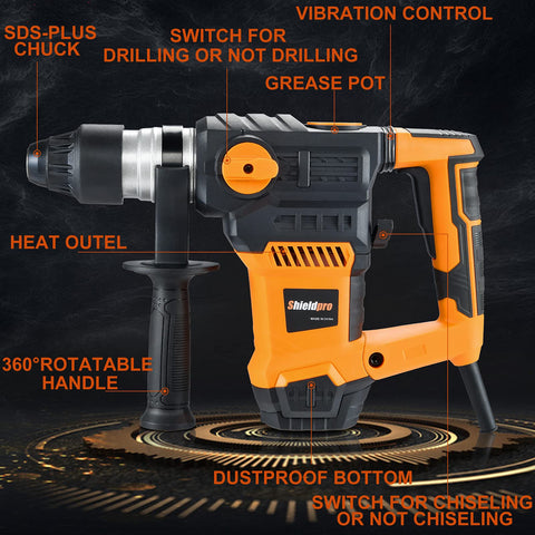 SHIELDPRO drill with three-function switch for versatile chiseling and drilling